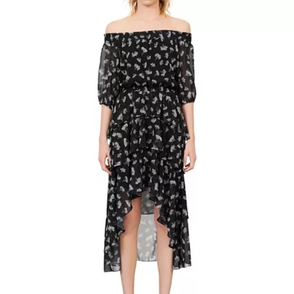 Maje Floral Off Shoulder Hi Low Black White Asymmetrical Midi Dress US M l FR 38 - Picture 5 of 14